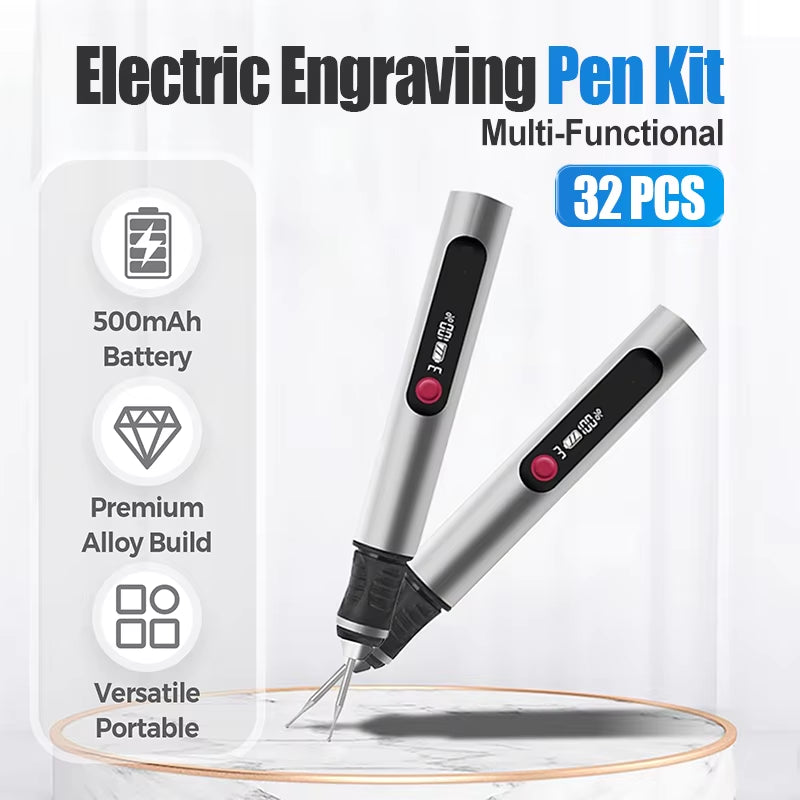 32PCS Multifunctional Electric Engraving Pen Kit USB Cordless Electric Polisher Lithium Battery Carving Pen for Metal Glass Nail